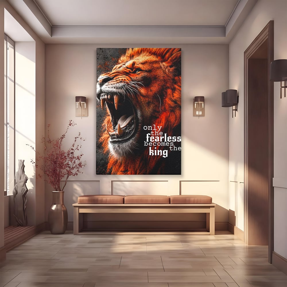 Tablou canvas cu ilustratie digitala cu leu care raguseste, fara rama, pe sasiu de lemn